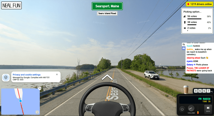 Screenshot of the Internet Roadtrip website, currently in Searsport, Maine.