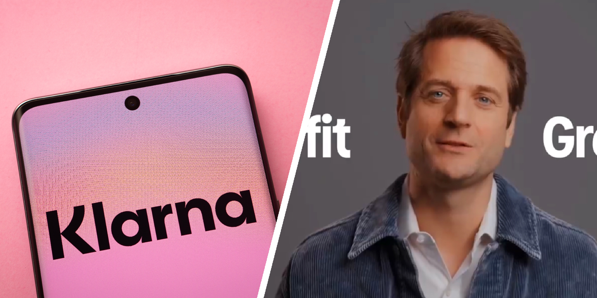 2 panel image of the Klarna logo on a phone and an AI-generated version of Klarna CEO Sebastian Siemiatkowski.
