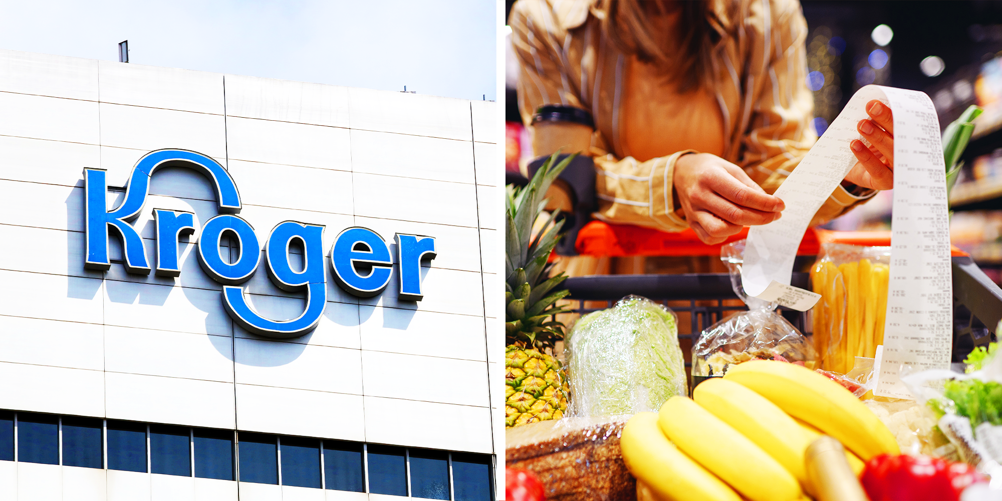 2 Panel image of kroger logo and woman reading the receipt while hunched over the shopping cart full of food