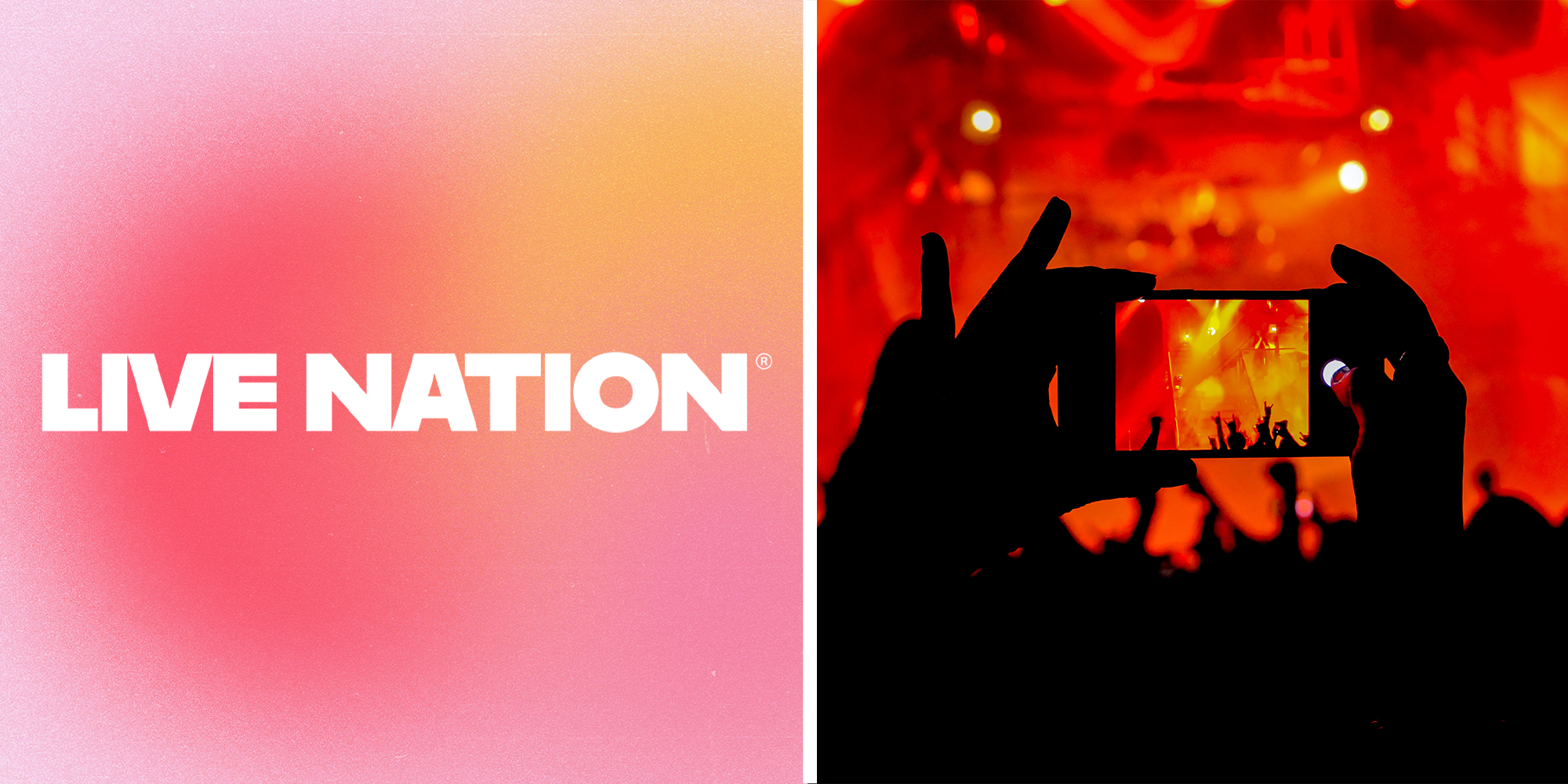 2 Panel Image, Live Nation logo on gradient and a silhouette of a person taking picture at concert