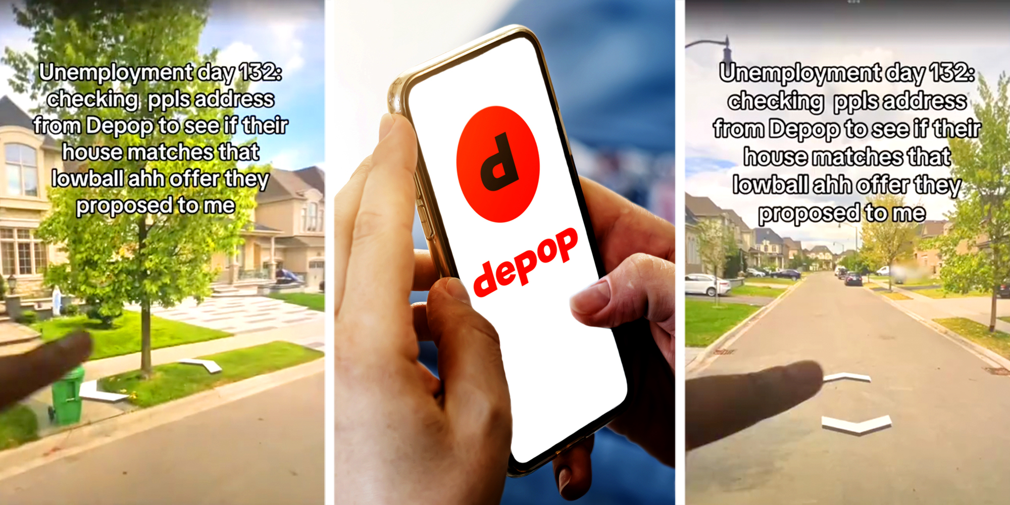 Three panel image with hand navigating Google Street View on sides and mobile phone with Depop logo in center.