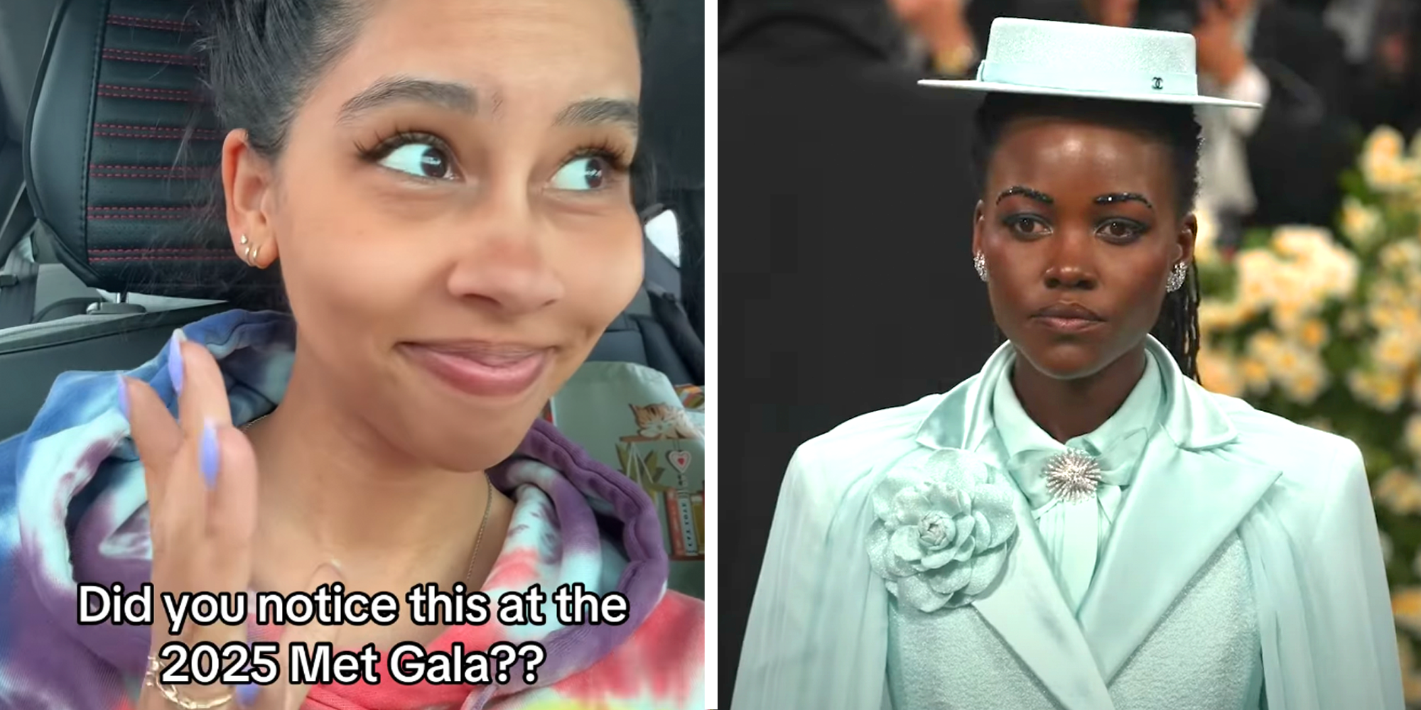 2 panel image of a person explaining and Lupita Nyong'o on the red carpet at the Met Gala.