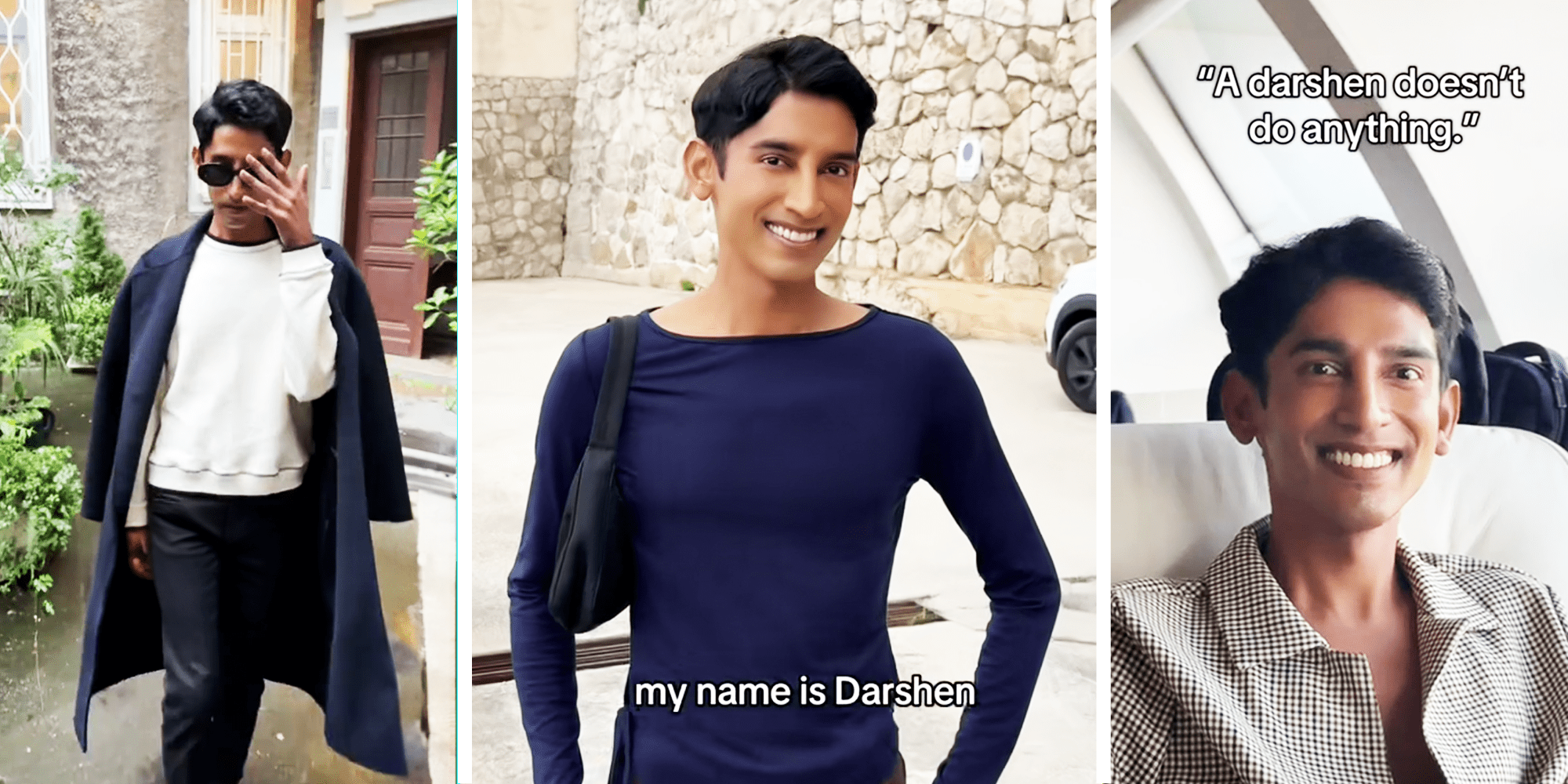 3 panel Image, Man with coat walking, man posing and smiling, and man smiling while sitting down on couch