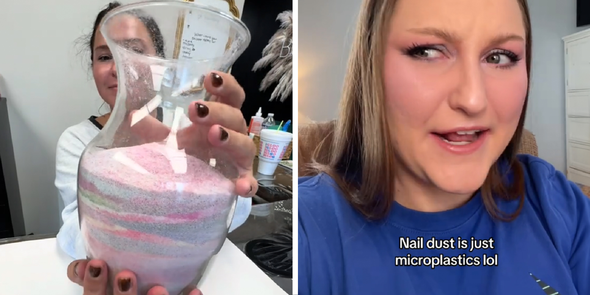 2 panel image of a jar of nail dust and a person explaining about it. Text over: Nail dust is just microplastics lol.