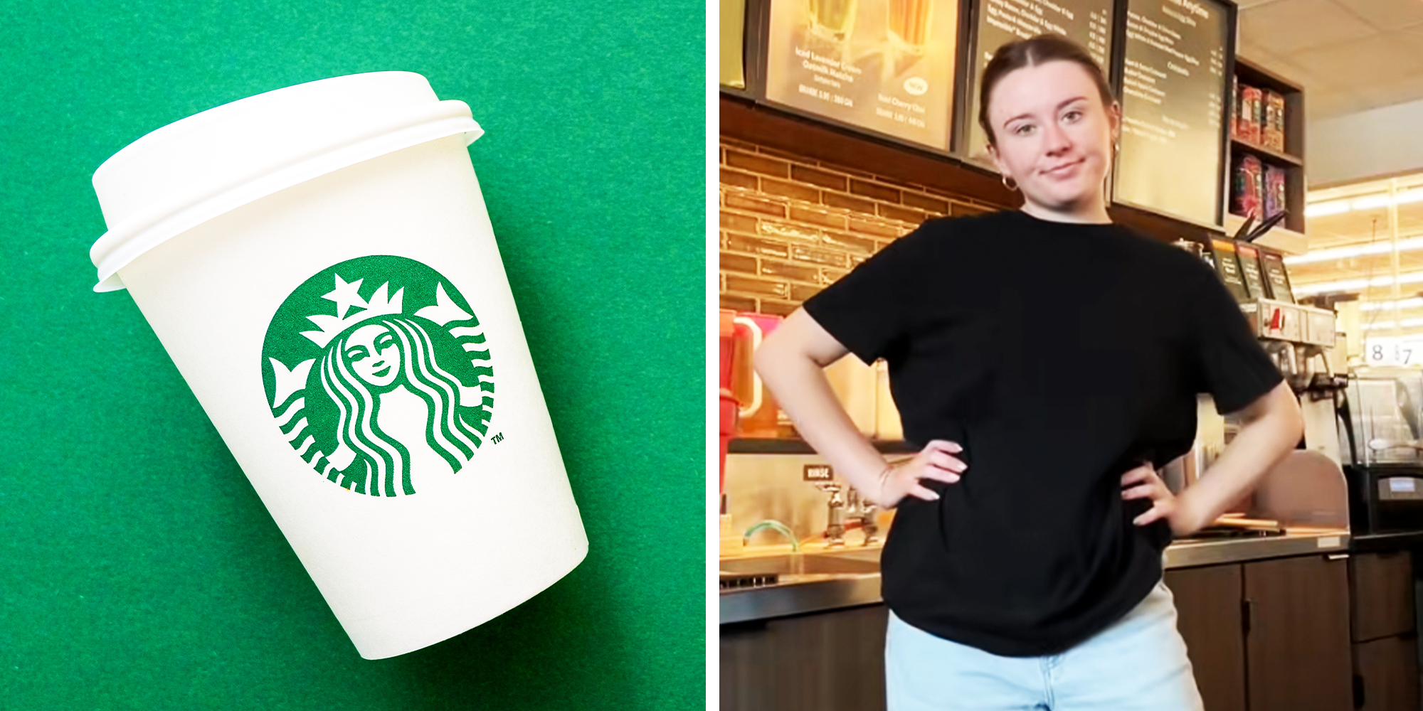 2 Panel Image, Starbucks coffee cup with green background and Starbucks employee