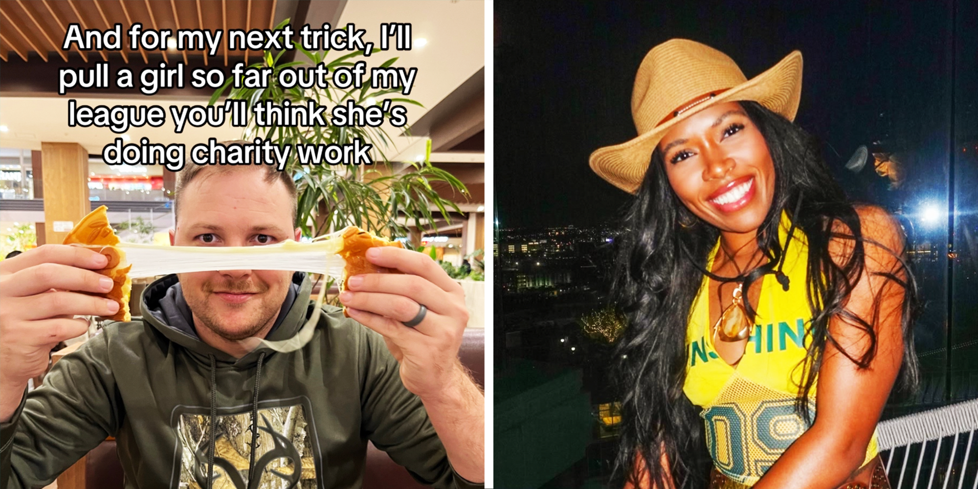 2 Panel image, Man pulling cheese stick, and woman with cowboy hat