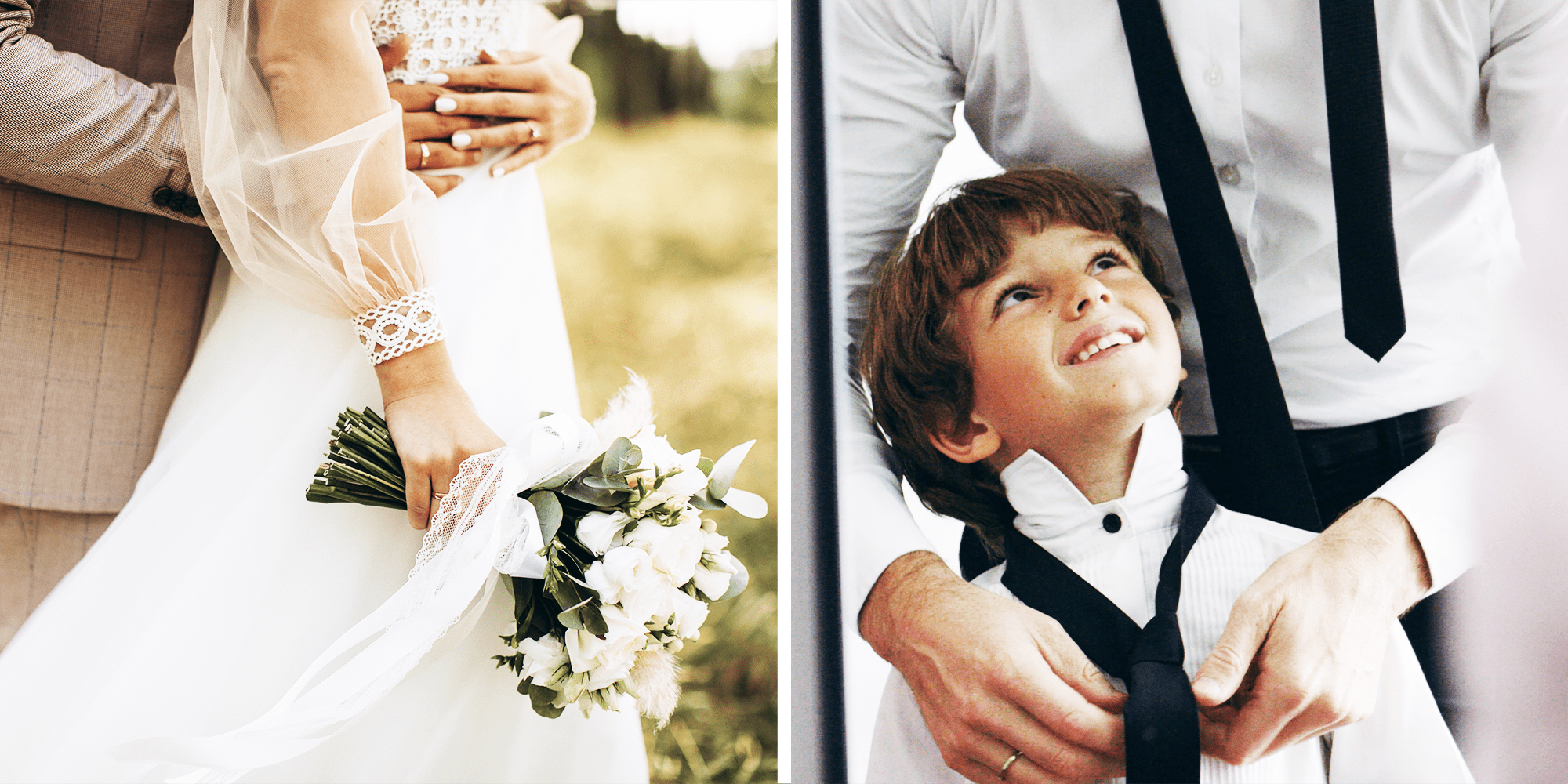 2 Panel image, couple at wedding, and boy getting help tying ties from dad