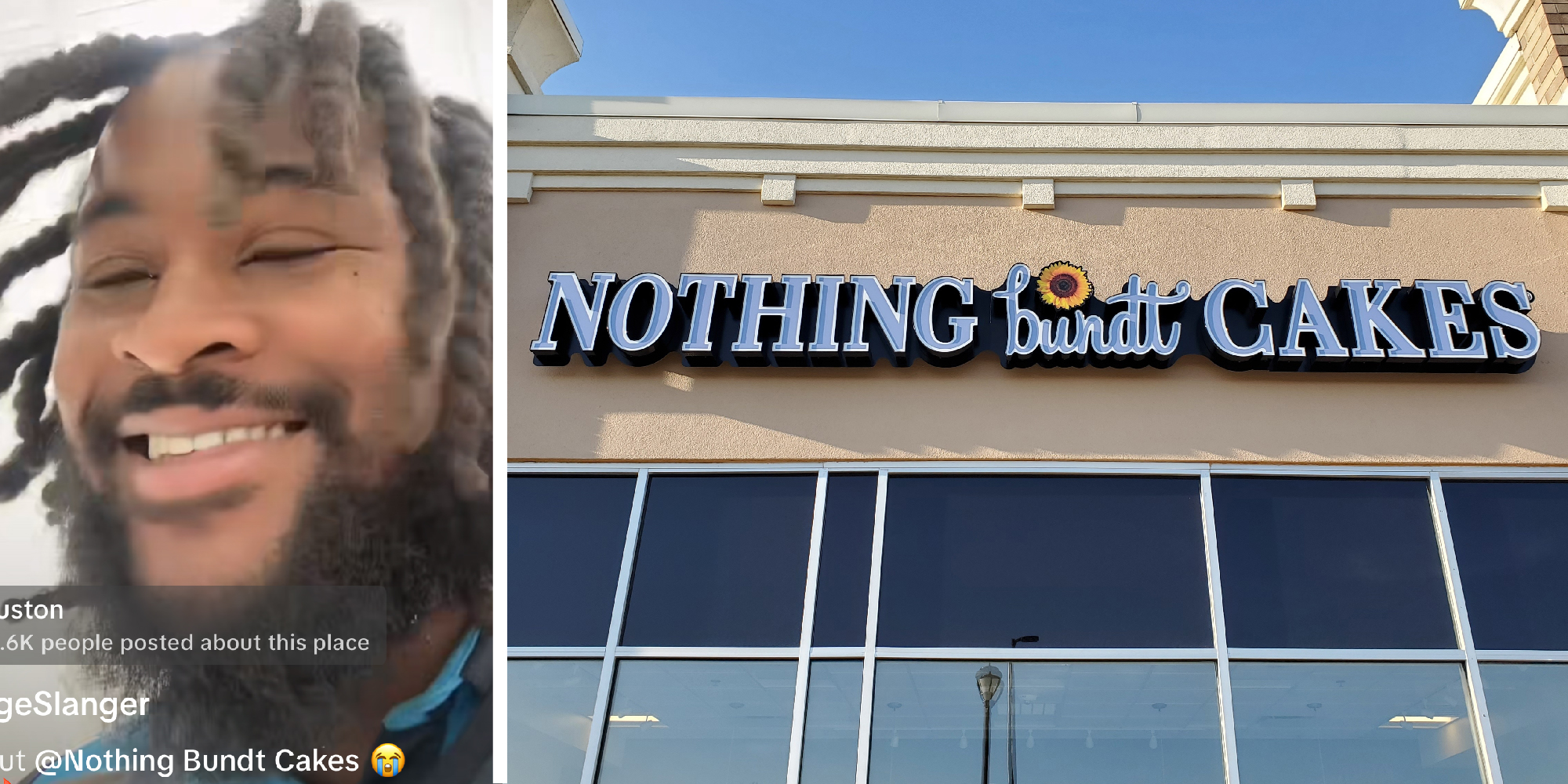 2 panel image: an Amazon delivery driver smiling. The exterior of a nothing Bundt Cakes store.