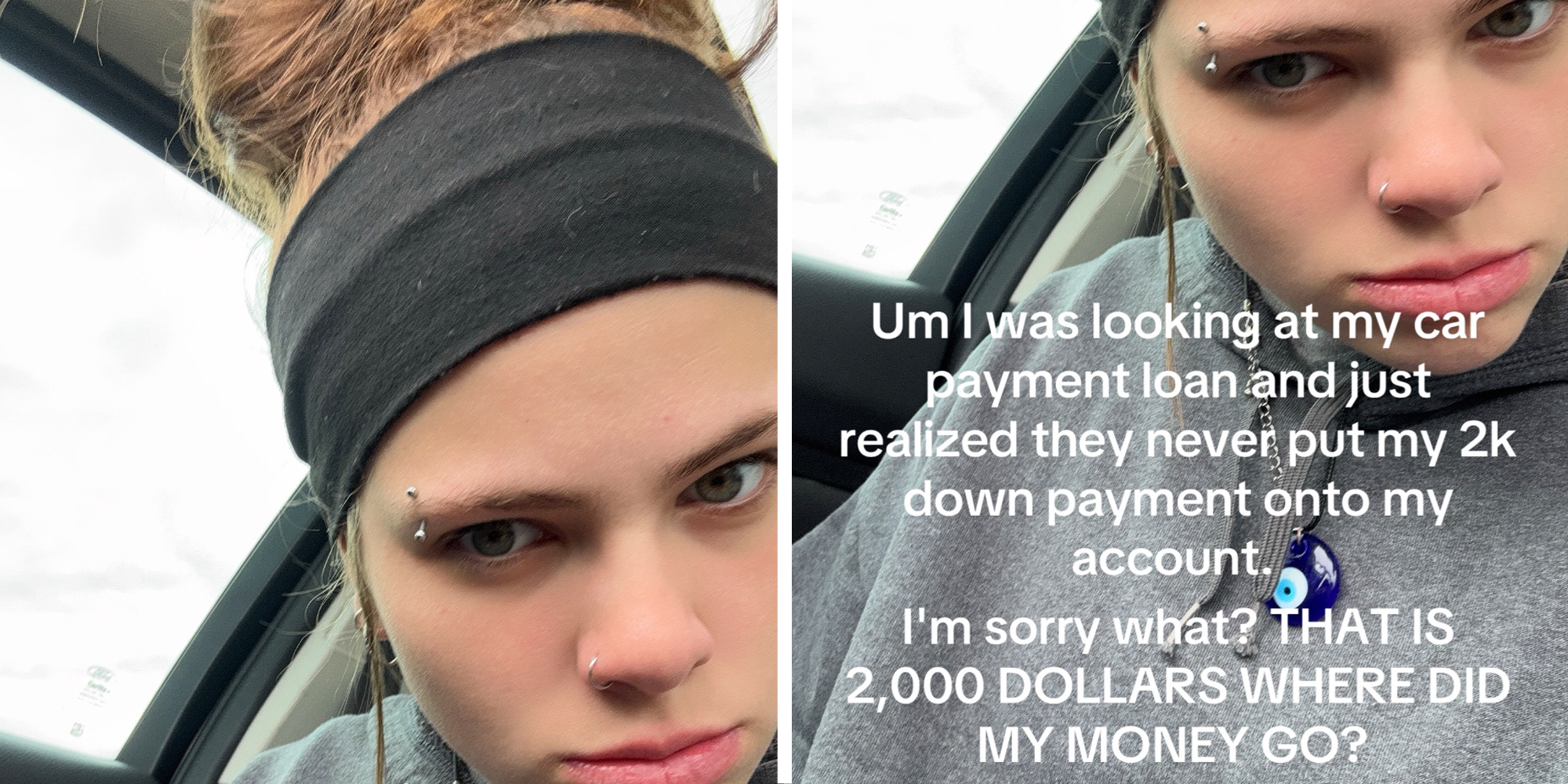 Split screen with young woman in car on each side.