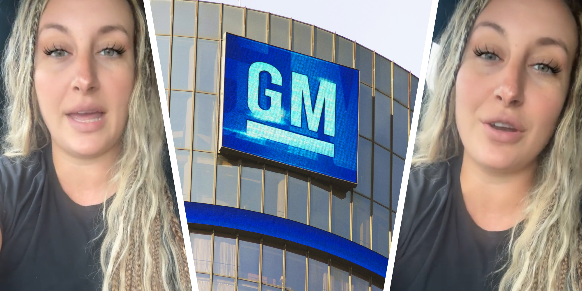 3 panel image: on the sides a person talks, in the middle is the GM logo.