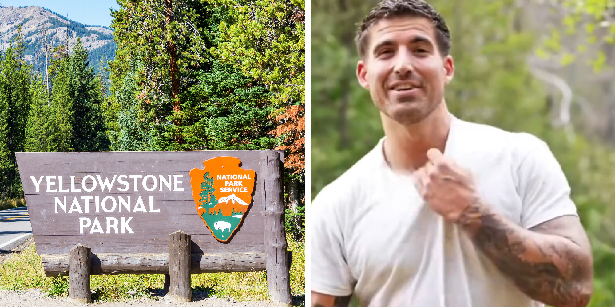 2 panel image: on the left is a sign for Yellowstone National Park. On the right a tattooed man speaks to the camera.