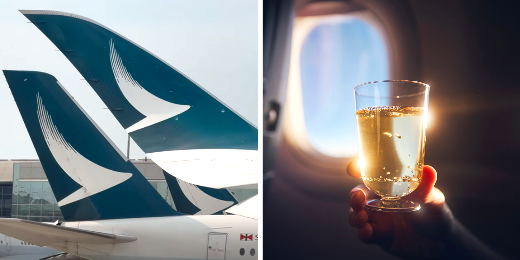 Split screen with airplanes at airport on left and hand holding glass of wine inside airplane on right.