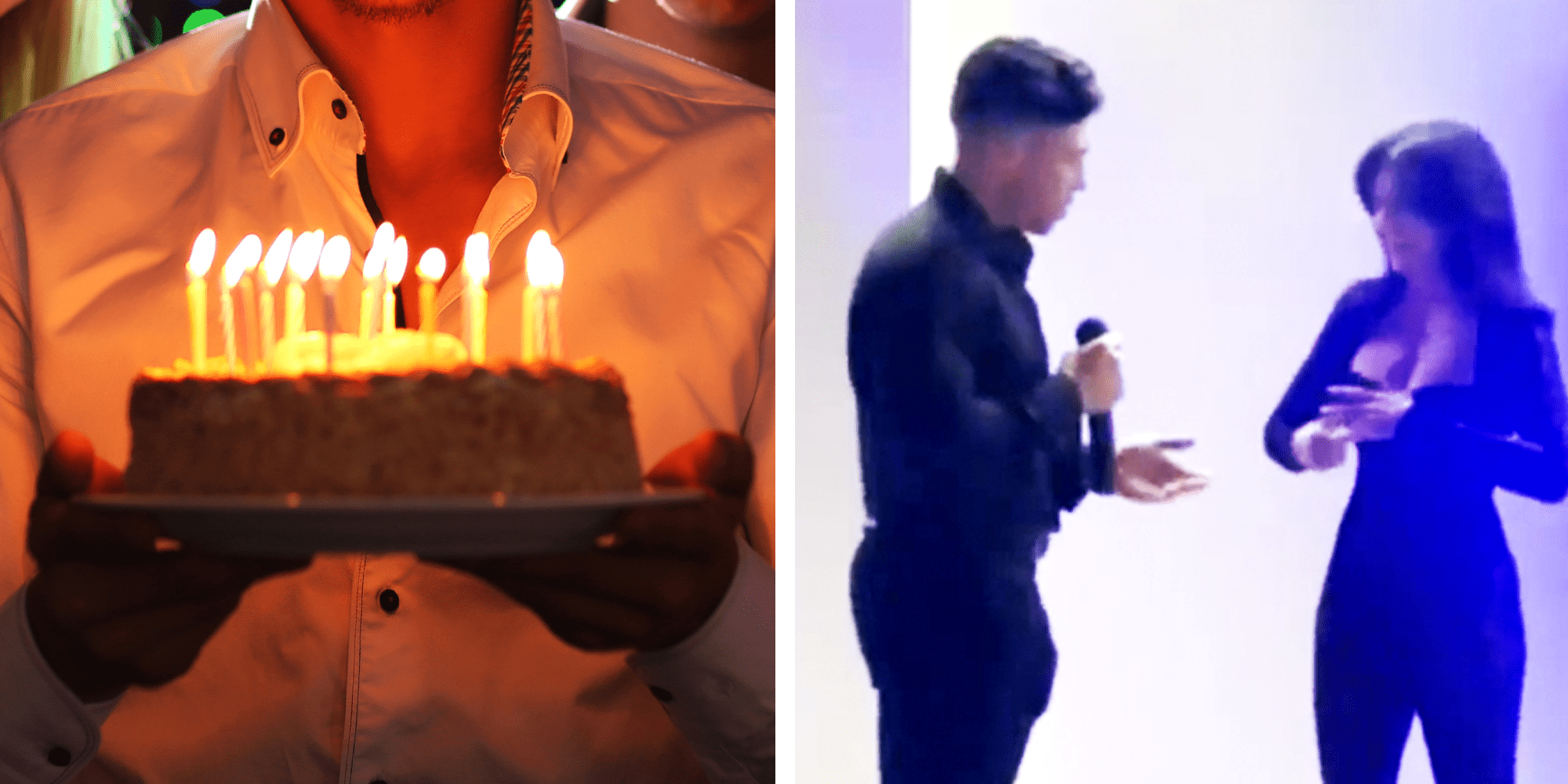 2 Panel Image, a Man holding Birthday Cake and a couple dressed in black