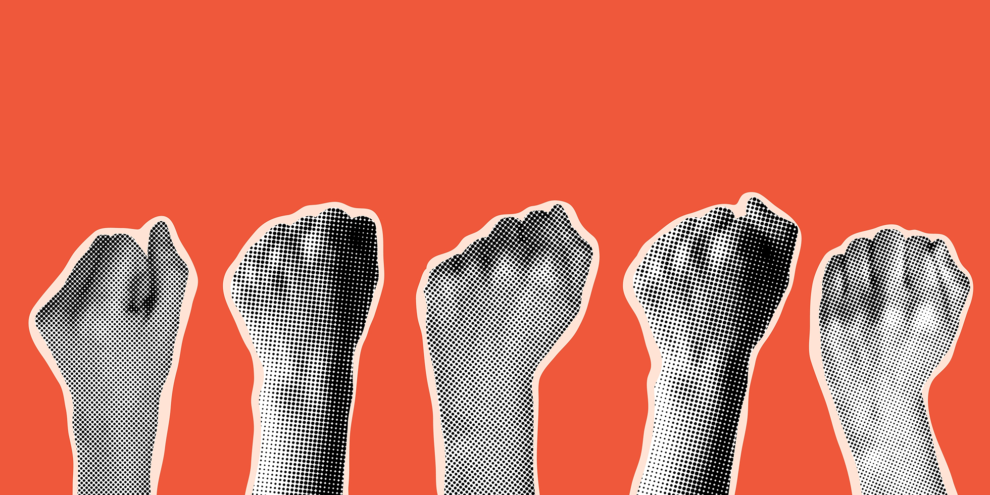 A photo illustration of fists raised in protest against an orange background.