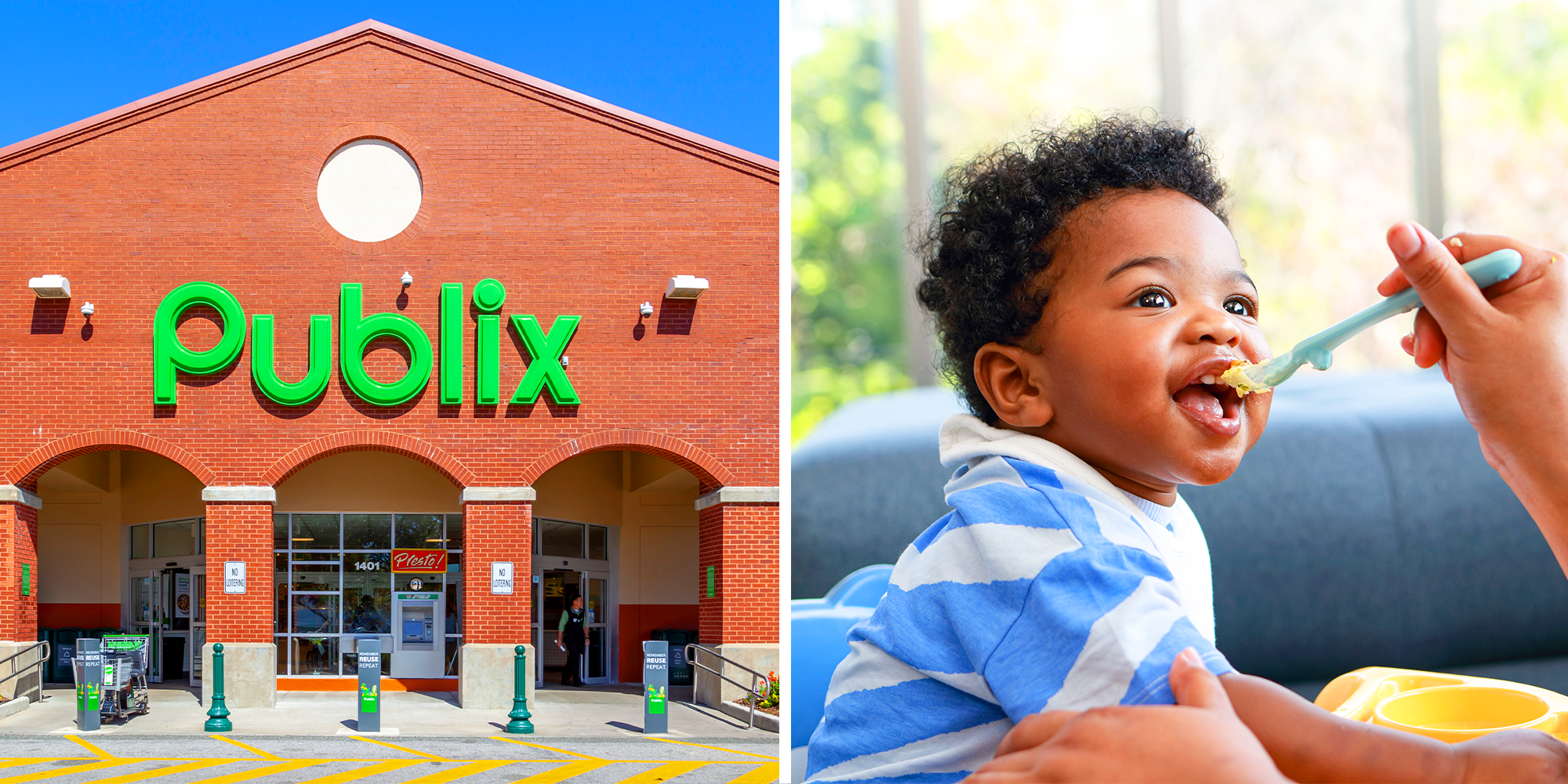 2 panel image of Publix grocery store and baby eating baby food