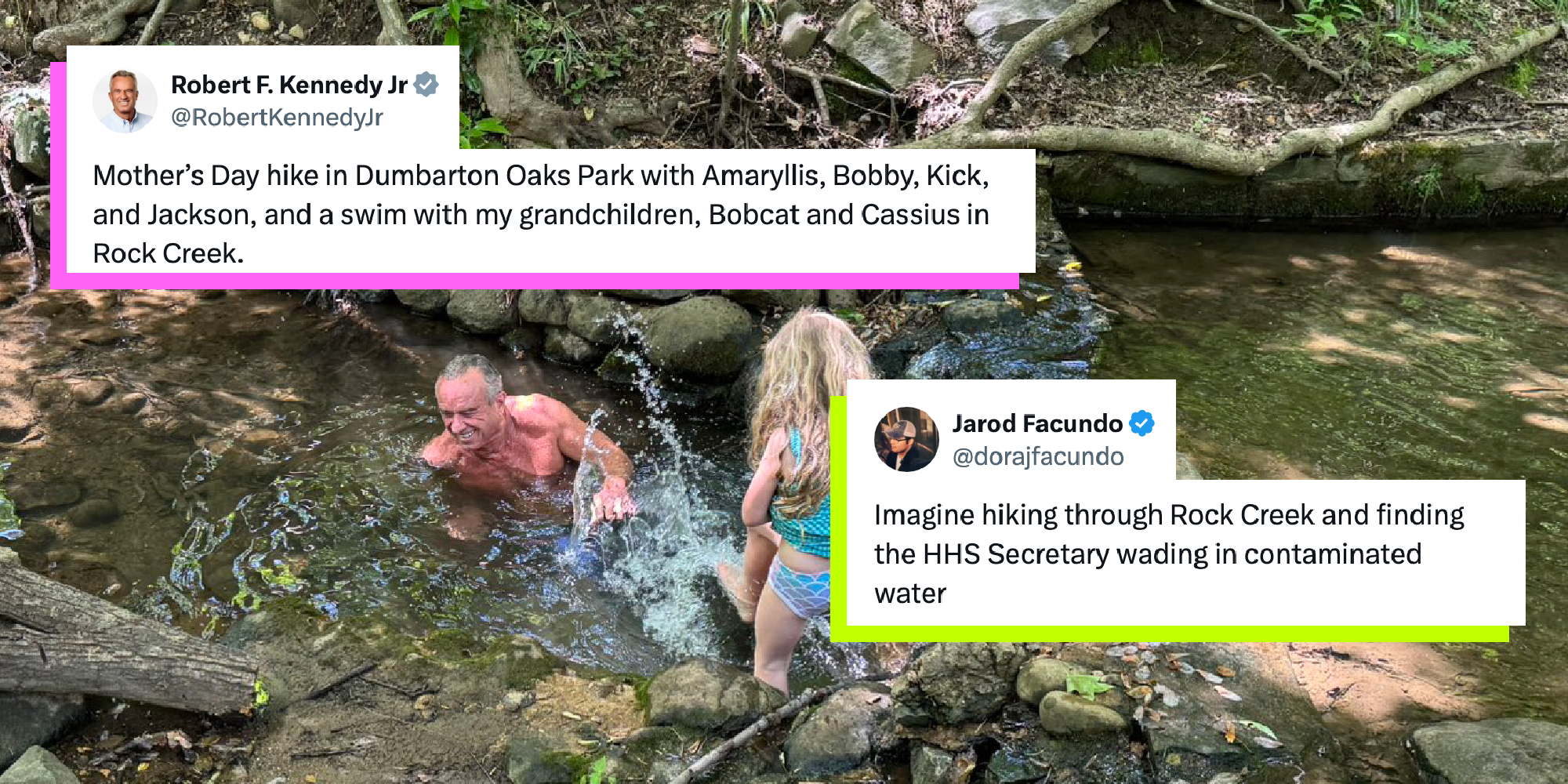 A photo of RFK Jr. frolicking in a stream along with his family members, in Dumbarton Oaks Park with social media posts overlaid.