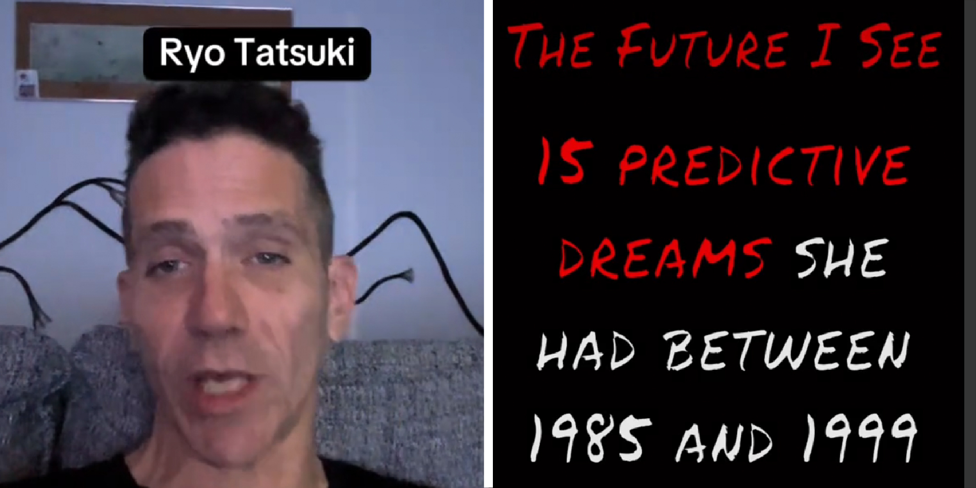 2 panel image a of a person explaining and text that reads: Ryo Tatsuki. The Future I See is predictive dreams she had between 1985 and 1999.