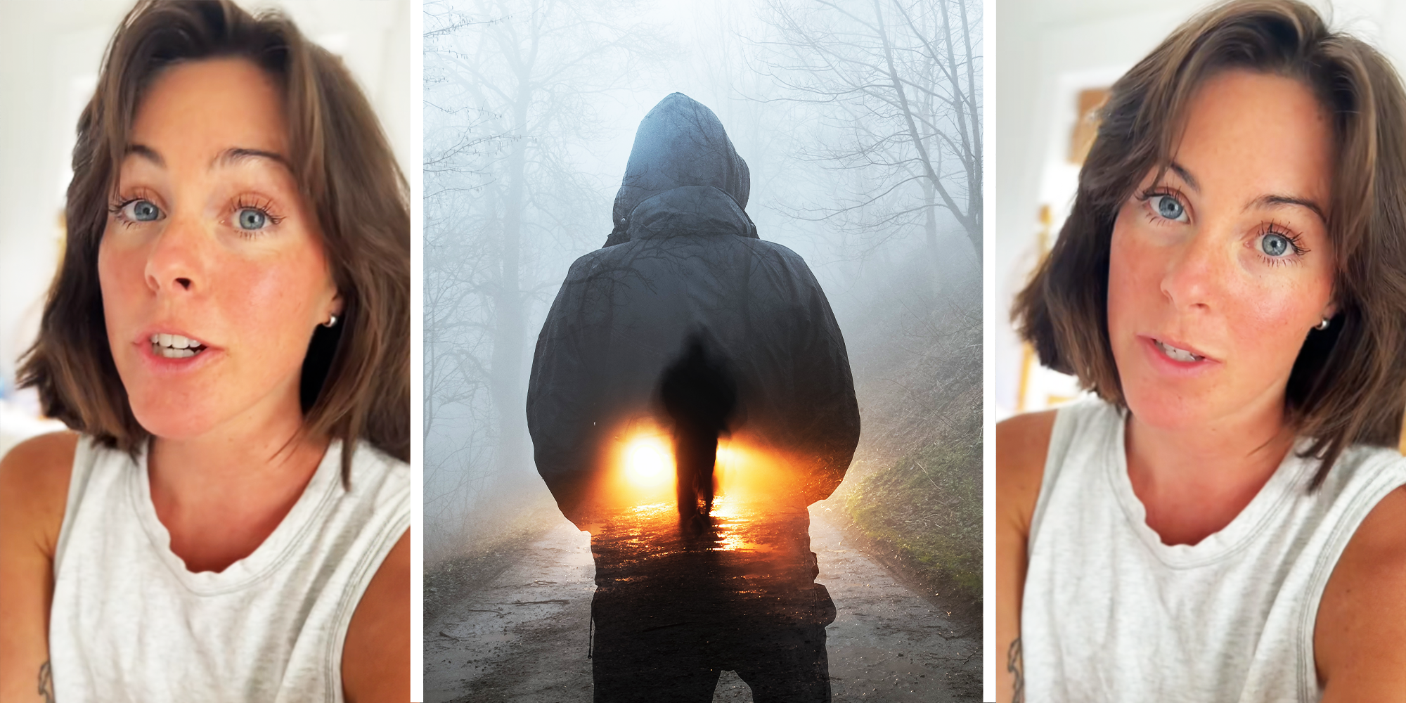 3 Panel Image, Woman with short hair and Man standing in the middle of road in front of the car