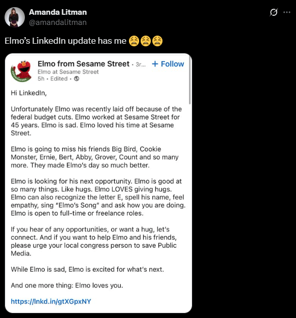 Screenshot from an X post discussing elmo laid off linkedin