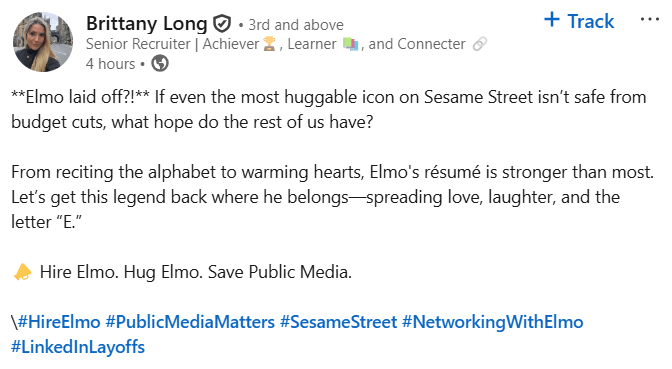 Screenshot from a LinkedIn post discussing elmo laid off linkedin