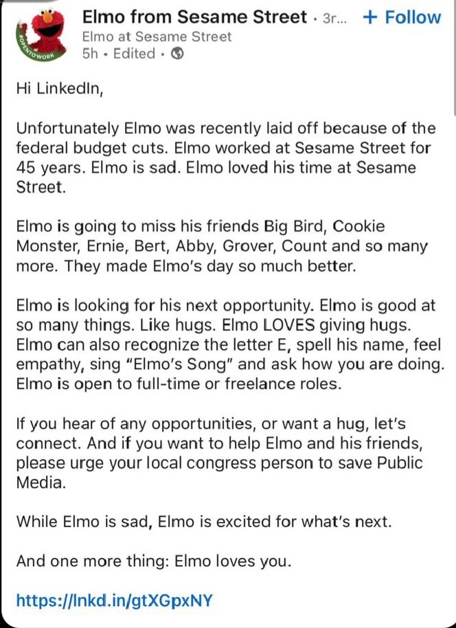 Screenshot from an LinkedIn post discussing elmo laid off linkedin