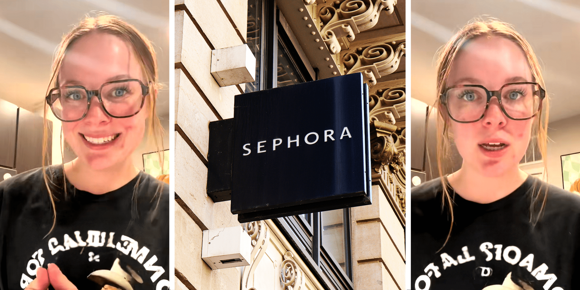 3 Panel image of a girl with glasses and Sephora signage