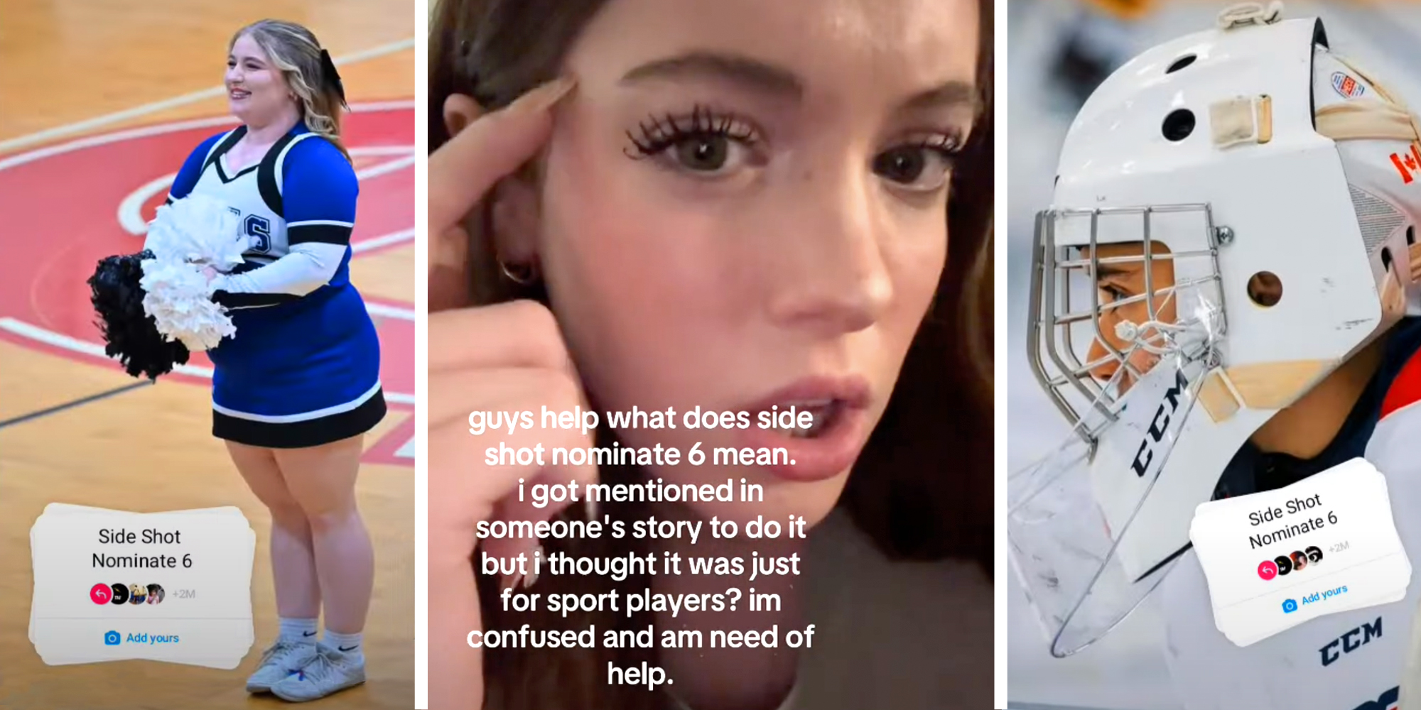 Three panel image with a cheerleader on left, a hockey player on right and young woman asking question in center.