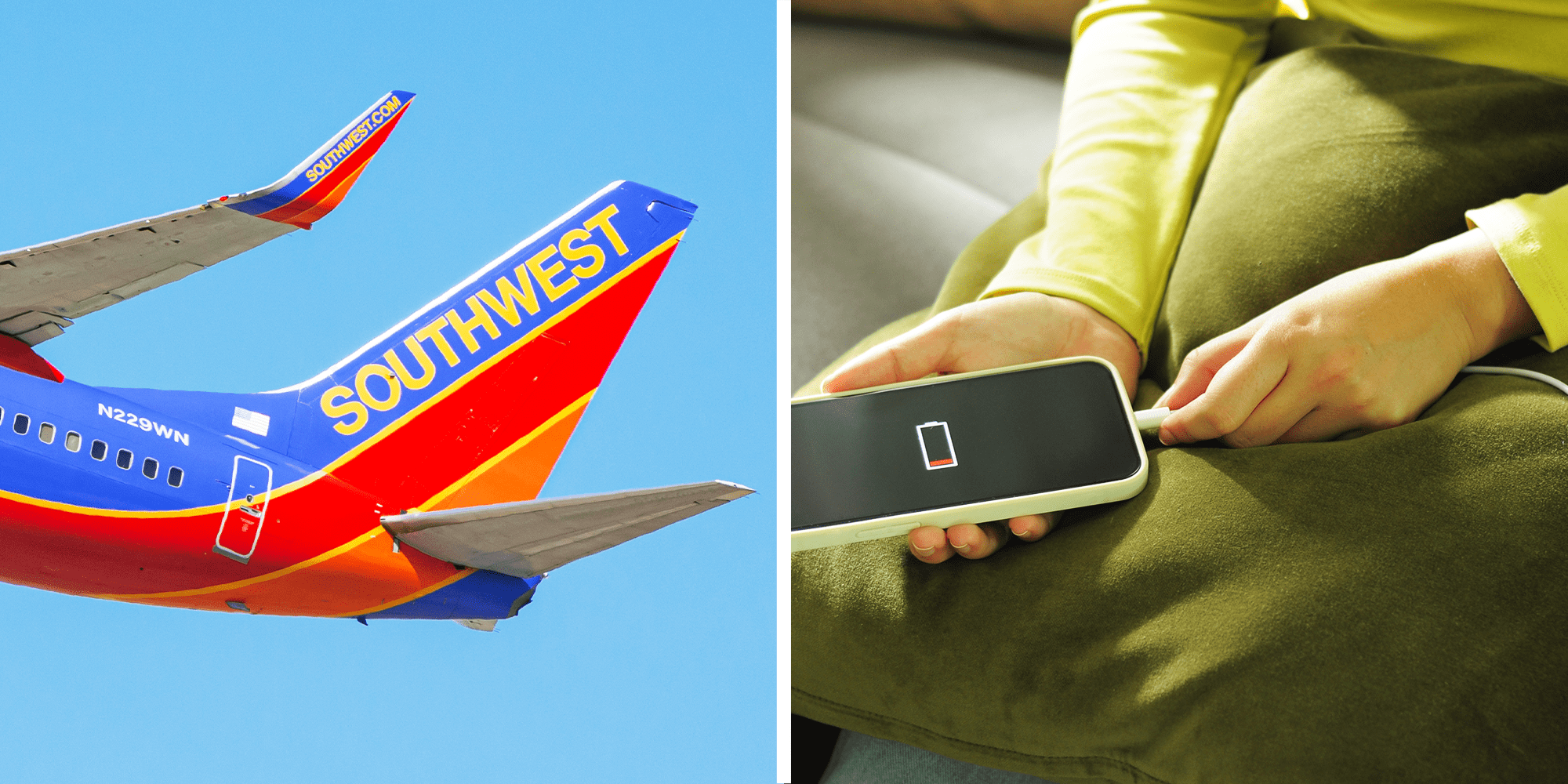 2 Panel Image of Southwest plane and woman plugging chargers