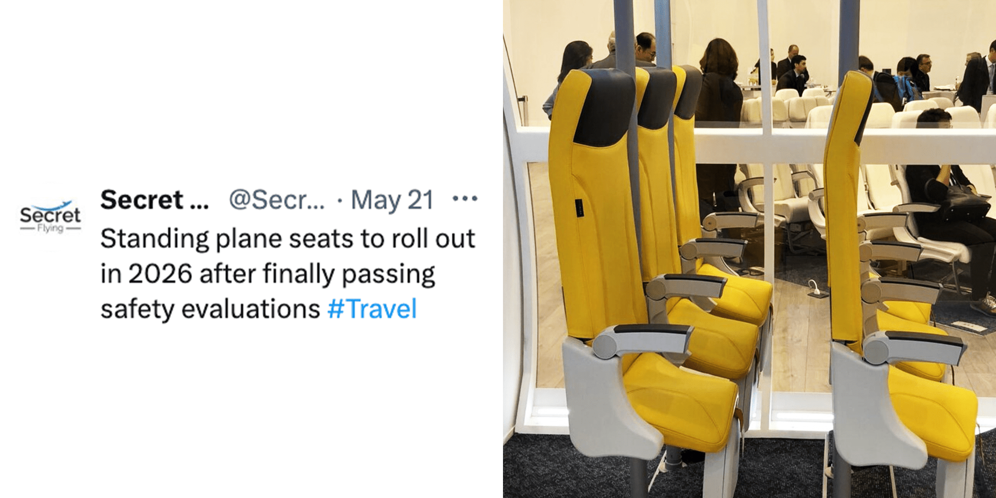 2 Panel Image of caption from X and yellow flight seats