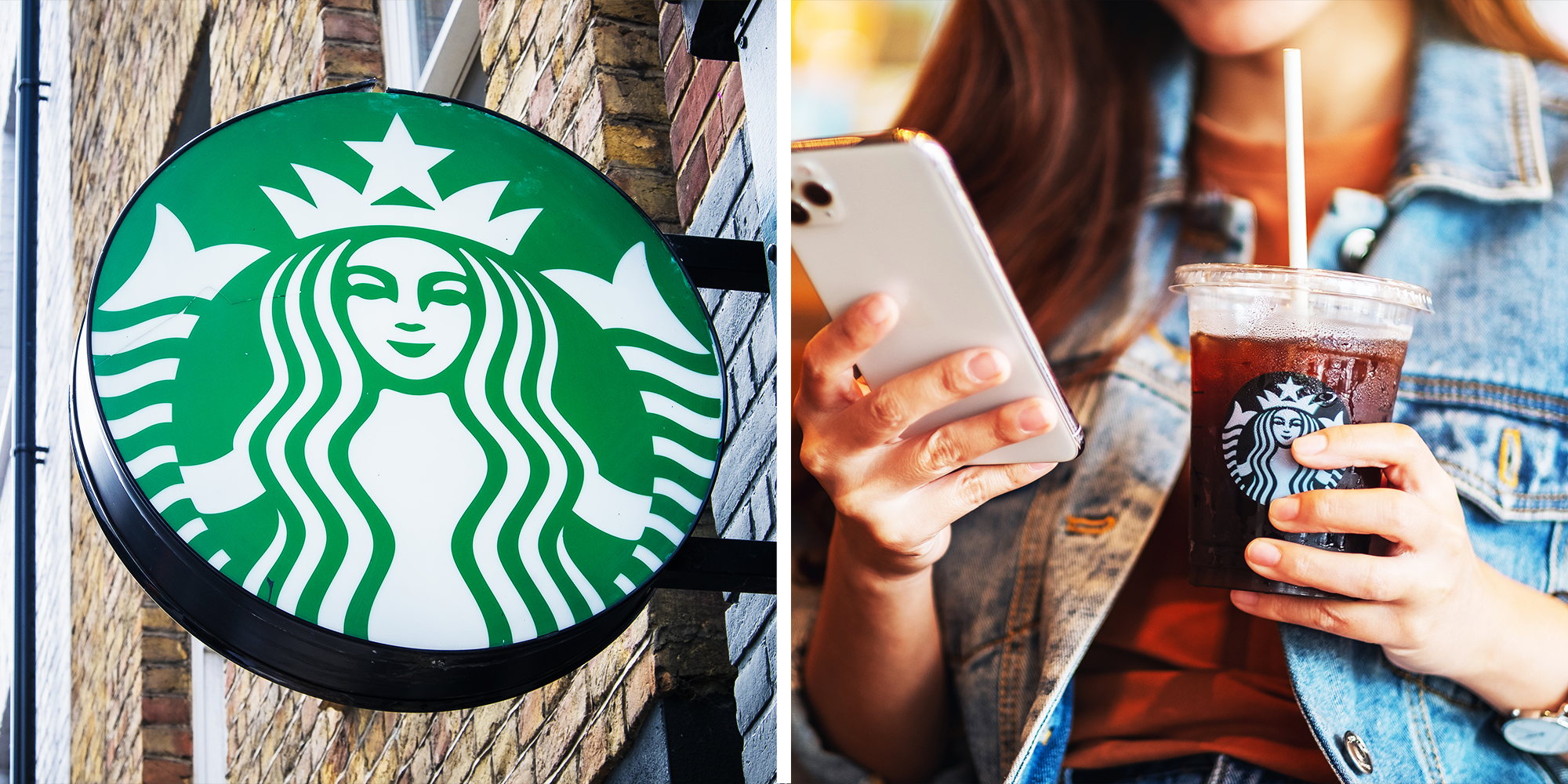 2 Panel image of Starbucks Logo and woman drinking starbucks