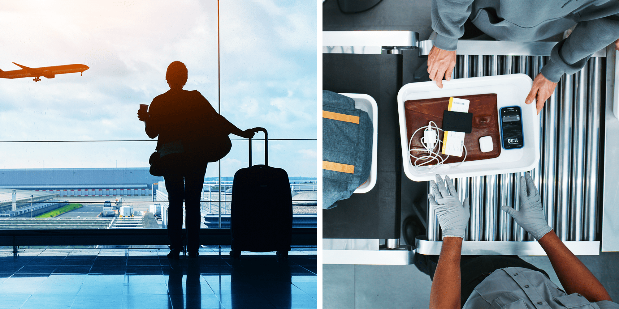 2 panel image, silhouette of woman standing with bag in airport and TSA check
