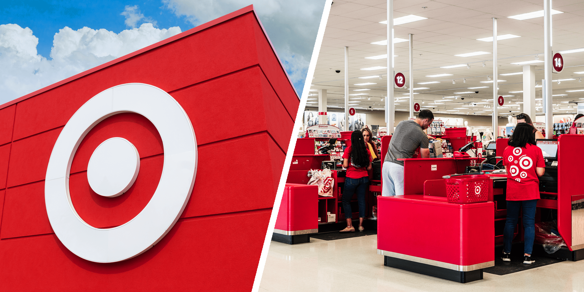 Split screen with Target sign on left and inside Target store on right.