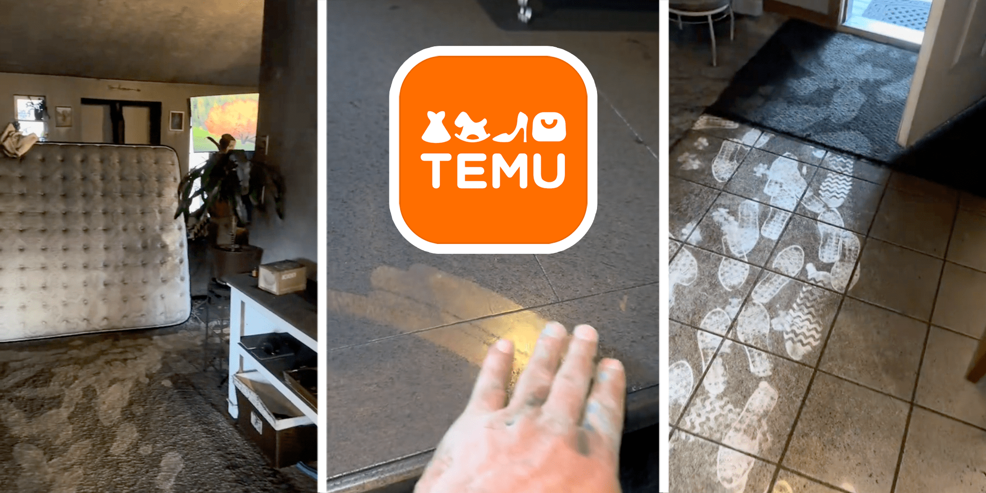 Three panel image with pictures of inside house after a fire with Temu logo in center.