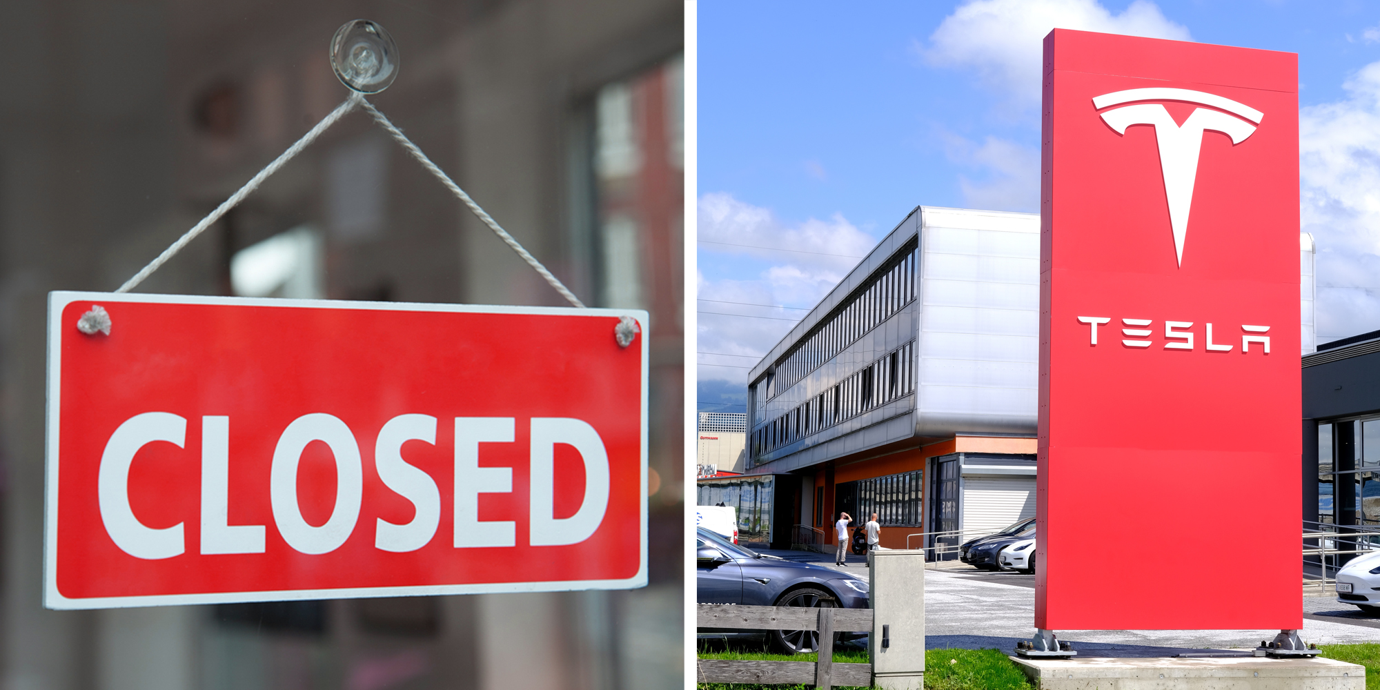 Two panel image with closed sign on left and Tesla dealership on right.