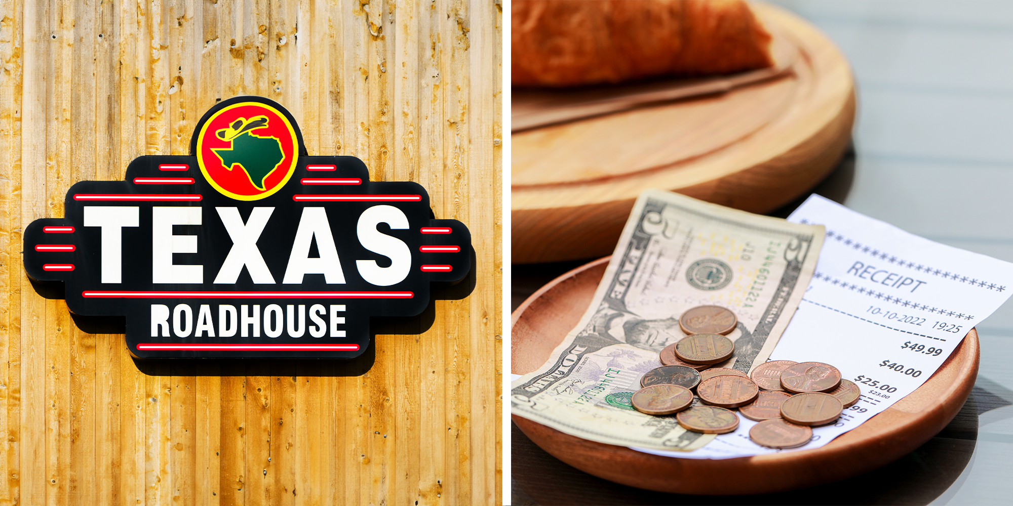 Texas Roadhouse logo, and Tips on plate