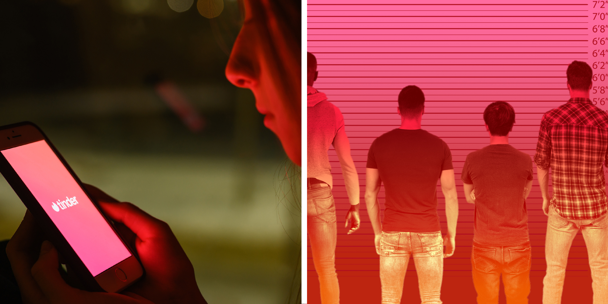 2 panel image of a person using the Tinder app and a group of people standing in front of a height chart.