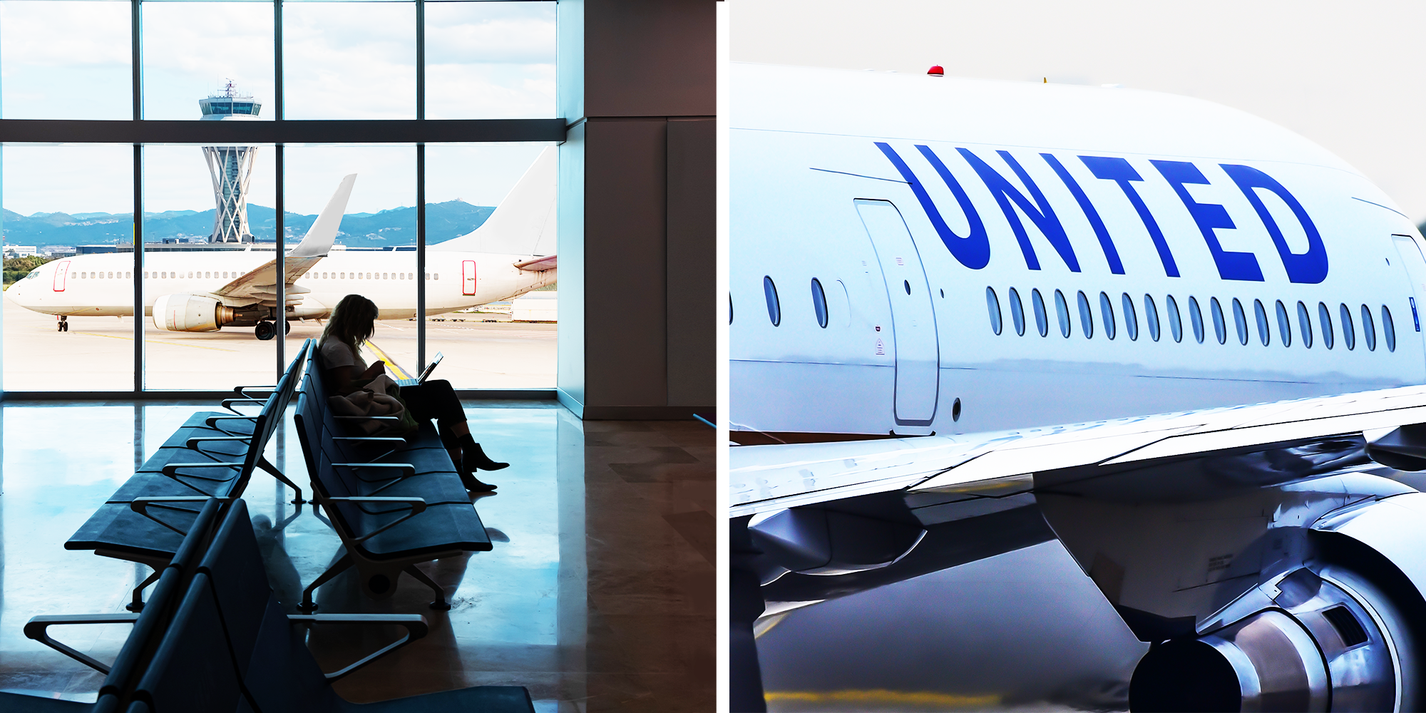 2 Panel Image of Person waiting at the airport and united airplane
