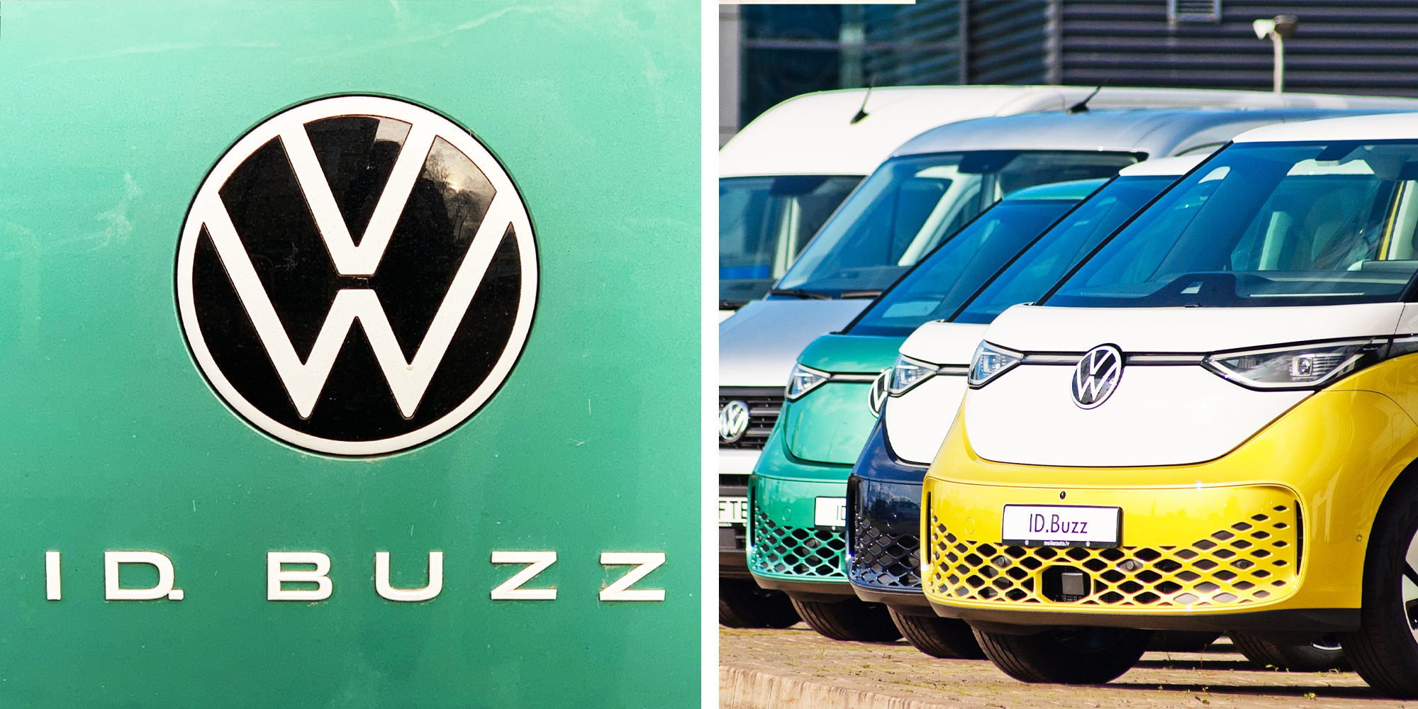 2 Panel Image, ID Buzz Logo Volkswagen and ID Buzz Cars in line