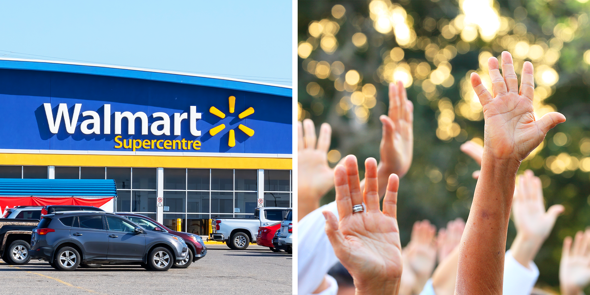 2 Panel image of walmart storefront and people gathered and raising hands