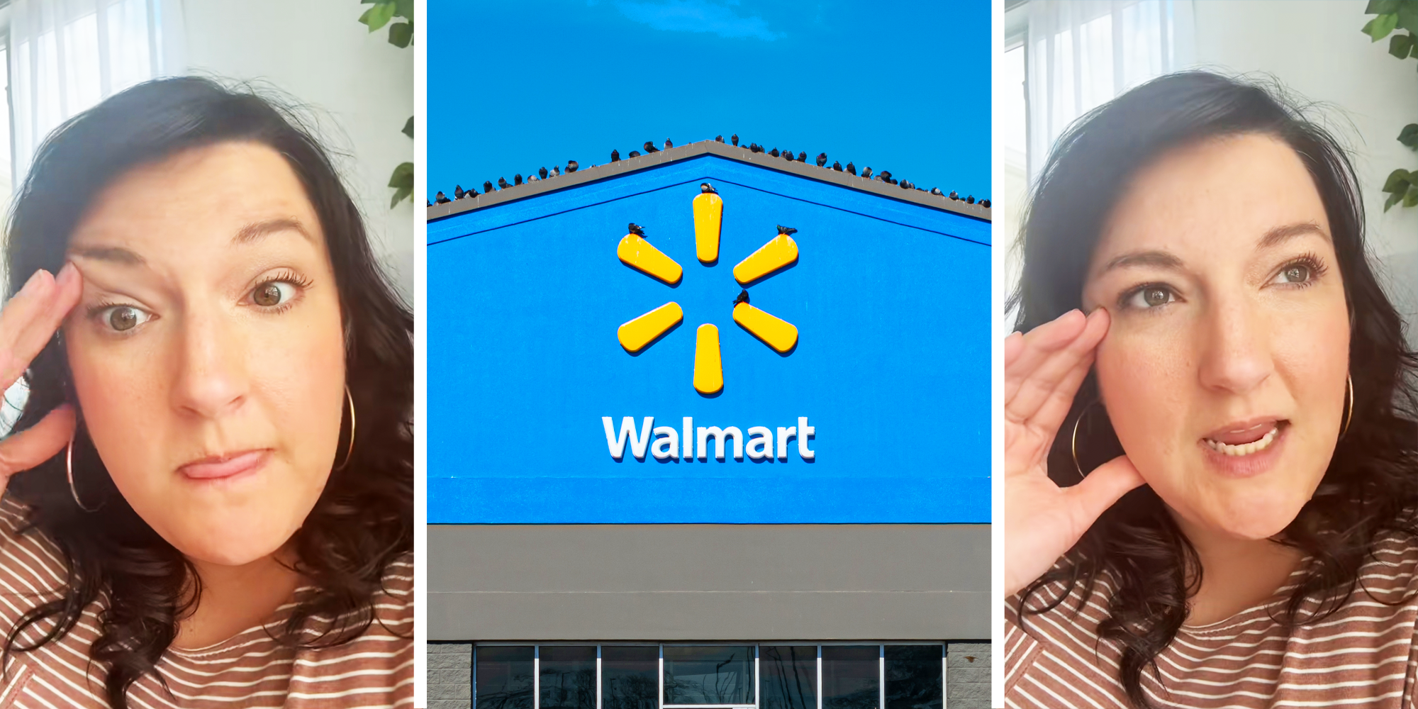 3 Panel Image, Woman with dark hair with striped shirt and Walmart Store front