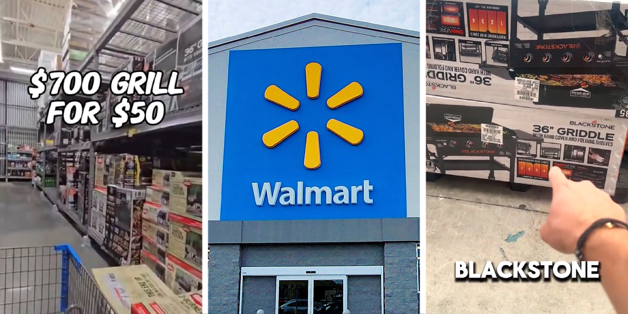 3 panel image showing shoppers at Walmart finding hidden deals and the exterior of a Walmart store with the logo on it.
