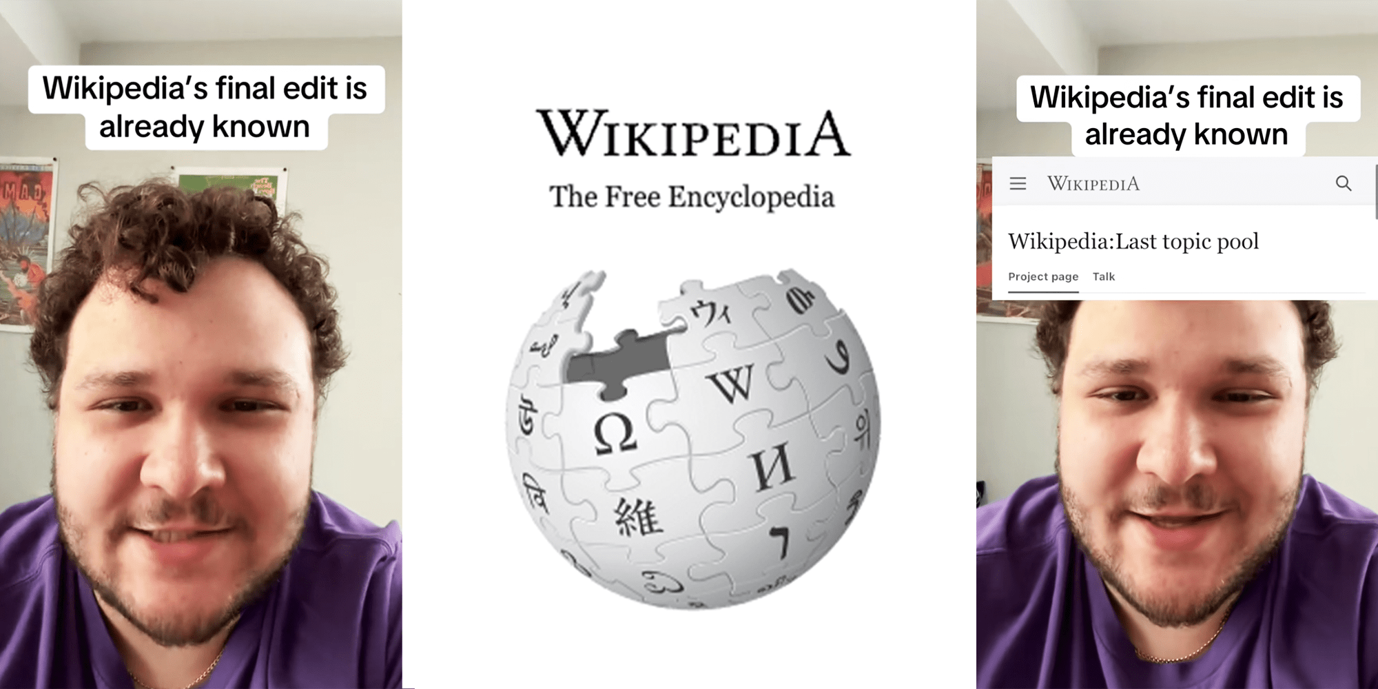 3 Panel Image of man in purple shirt and Wikipedia logo