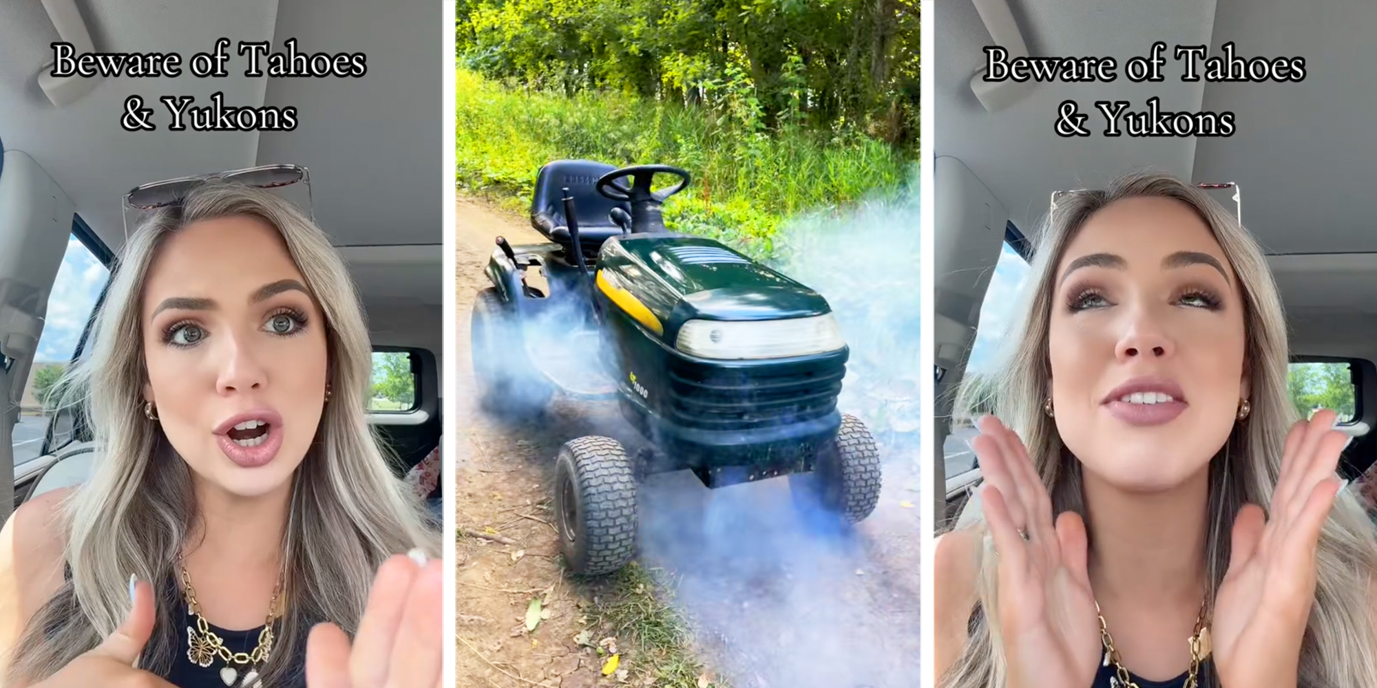 Three panel image with woman talking on sides and smoking lawn mower in center.