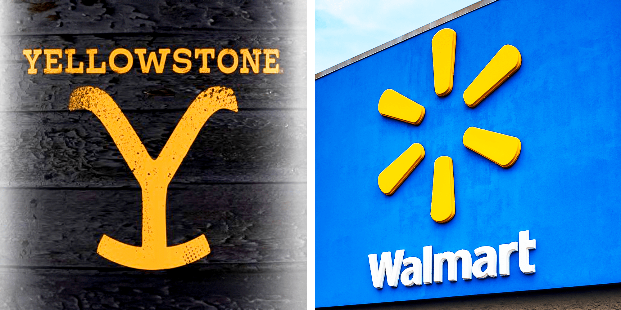 2 Panel image, Yellowstone logo on black background and Walmart logo