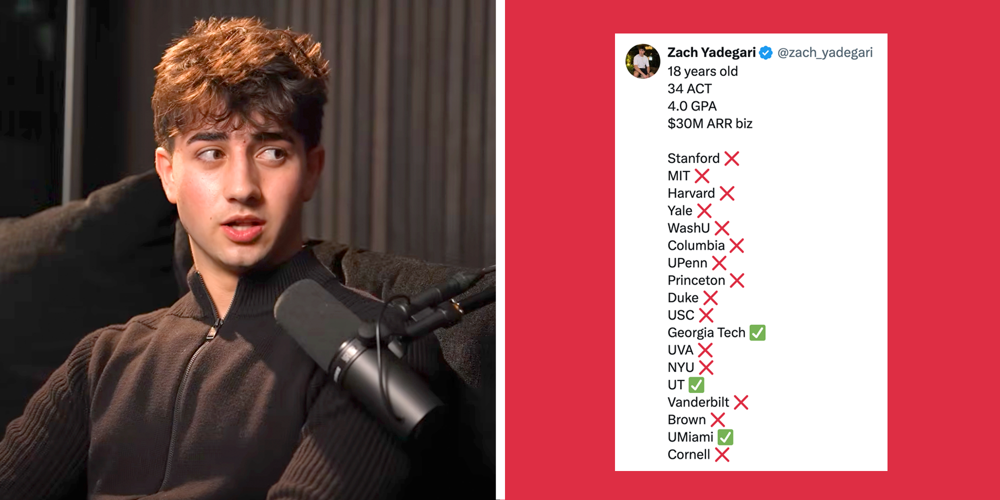 Split screen with ZAch Yadegari talking to microphone on left and tweet on right.