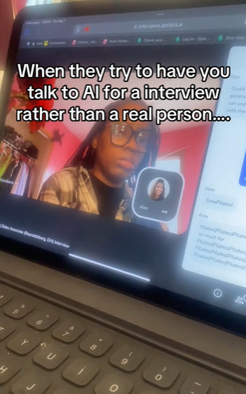 Recording of a computer screen where the interviewee looks on in disbelief. Text reads, "When they try to have you talk to AI for a interview rather than a real person..."