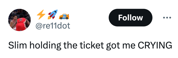 Tweet that reads, "Slim holding the ticket got me CRYING"