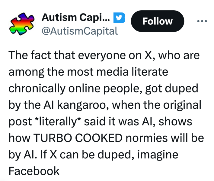 Tweet that reads, "The fact that everyone on X, who are among the most media literate chronically online people, got duped by the AI kangaroo, when the original post *literally* said it was AI, shows how TURBO COOKED normies will be by AI. If X can be duped, imagine Facebook"