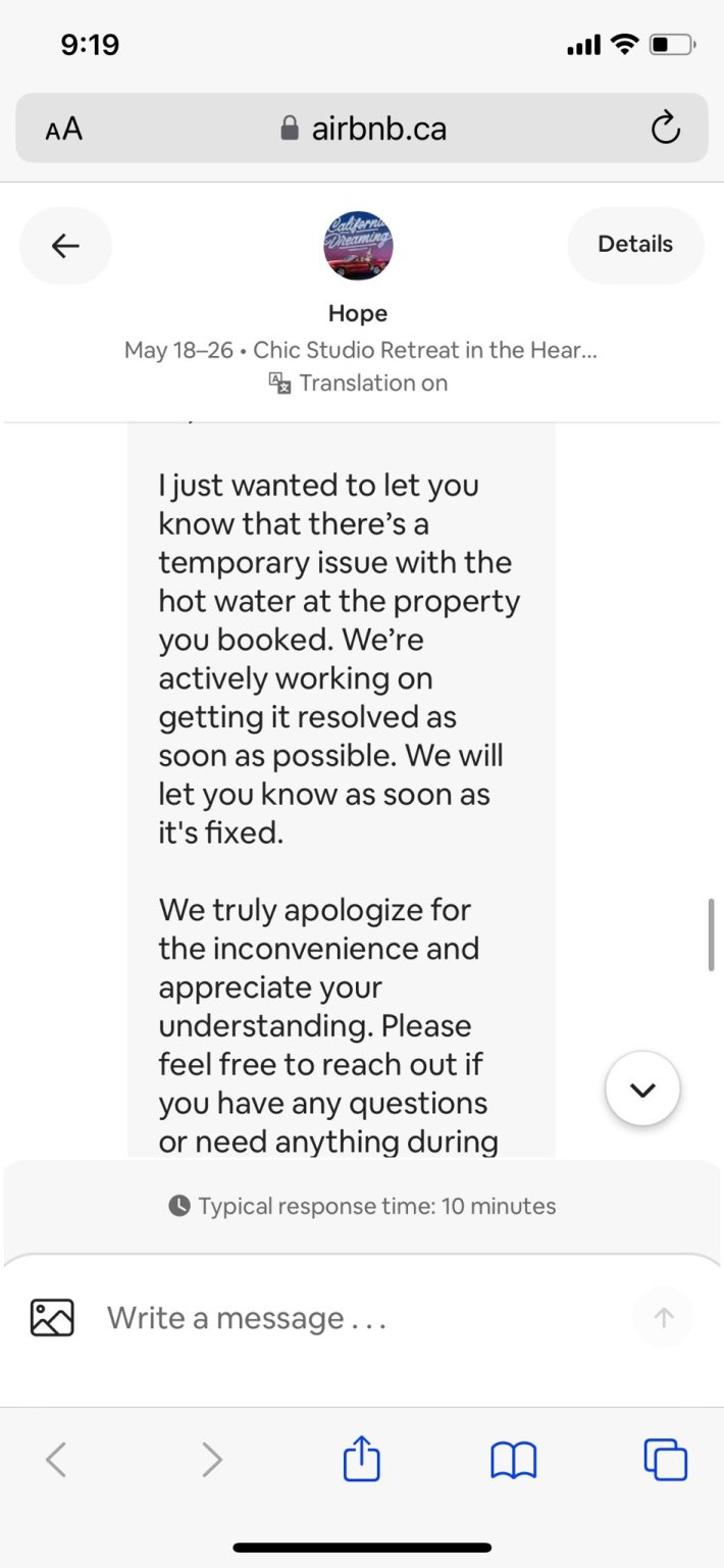 Screenshot of messages between OP and their Airbnb host.