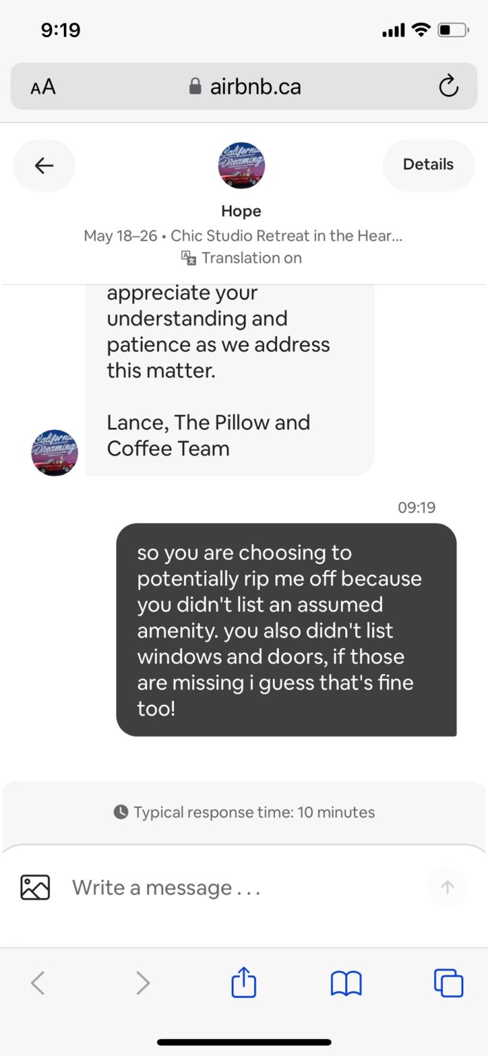 Screenshot of messages between OP and their Airbnb host.